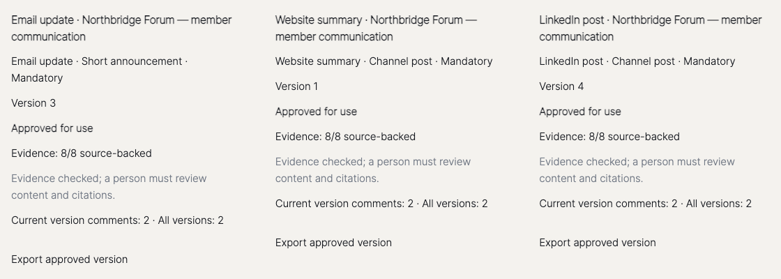 Email v3, Website v1 and LinkedIn v4 — each approved independently.